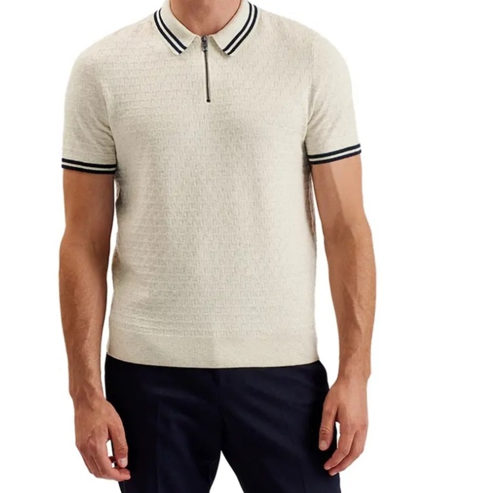 New Ted Baker Men’s New Beige Mahani Zippered Short Sleeve Polo - size 6/xxl